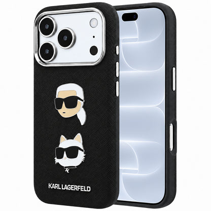 Hülle für Apple iPhone 18 Pro / 17 Pro, Karl Lagerfeld, Saffiano mit Karl-&-Choupette-Kopf-Pin und Logo, Schwarz