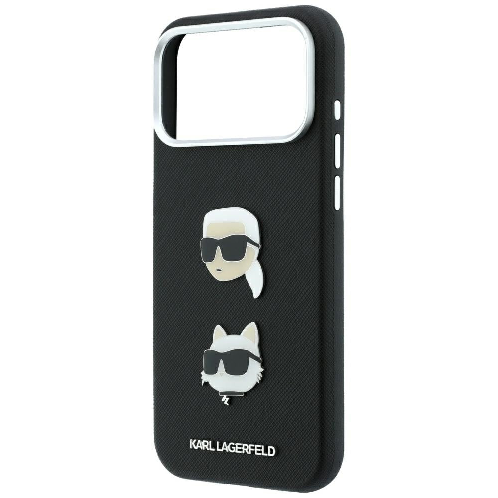 Hülle für Apple iPhone 18 Pro / 17 Pro, Karl Lagerfeld, Saffiano mit Karl-&-Choupette-Kopf-Pin und Logo, Schwarz