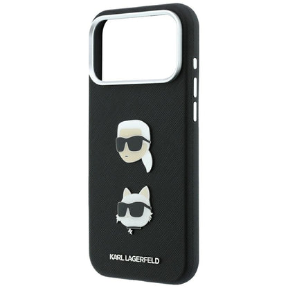 Hülle für Apple iPhone 18 Pro / 17 Pro, Karl Lagerfeld, Saffiano mit Karl-&-Choupette-Kopf-Pin und Logo, Schwarz