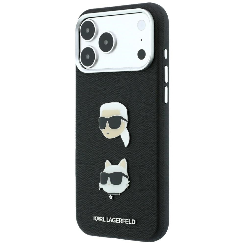 Hülle für Apple iPhone 18 Pro / 17 Pro, Karl Lagerfeld, Saffiano mit Karl-&-Choupette-Kopf-Pin und Logo, Schwarz