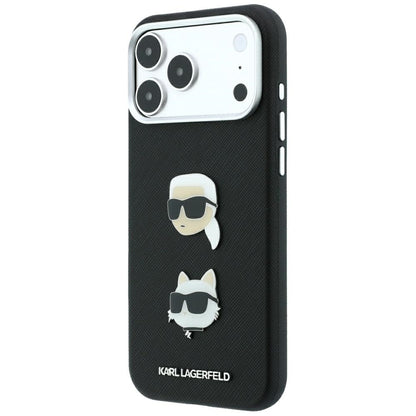 Hülle für Apple iPhone 18 Pro / 17 Pro, Karl Lagerfeld, Saffiano mit Karl-&-Choupette-Kopf-Pin und Logo, Schwarz