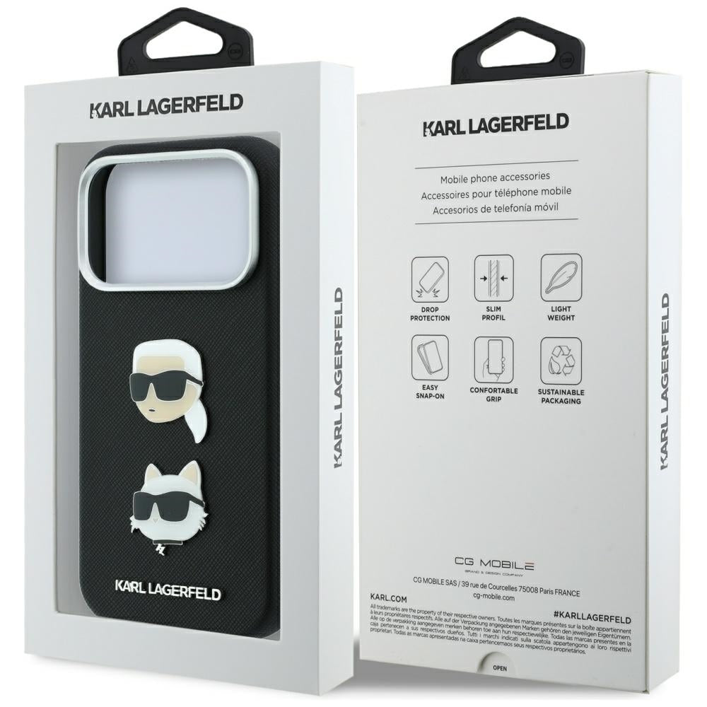 Hülle für Apple iPhone 18 Pro / 17 Pro, Karl Lagerfeld, Saffiano mit Karl-&-Choupette-Kopf-Pin und Logo, Schwarz