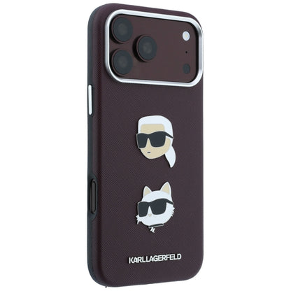 Case for Apple iPhone 18 Pro / 17 Pro, Karl Lagerfeld, Saffiano with Karl & Choupette Head's Pin and Logo, Burgundy