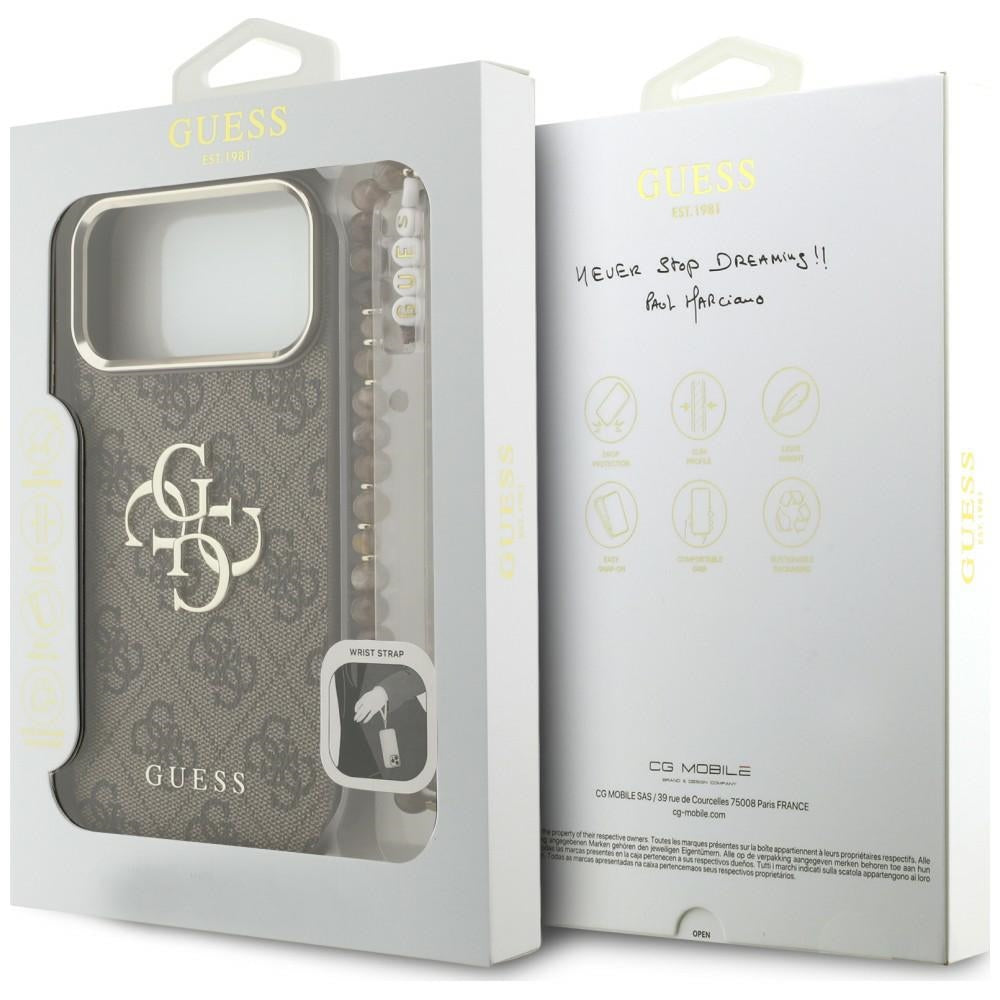 Hülle für Apple iPhone 18 Pro Max / 17 Pro Max, Guess, 4G Classic Logo mit Riemen, Braun Gold