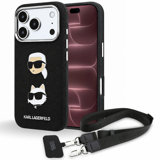 Hülle für Apple iPhone 18 Pro Max / 17 Pro Max, Karl Lagerfeld, Saffiano Crossbody Karl & Choupette Head's Pins Logo, Schwarz