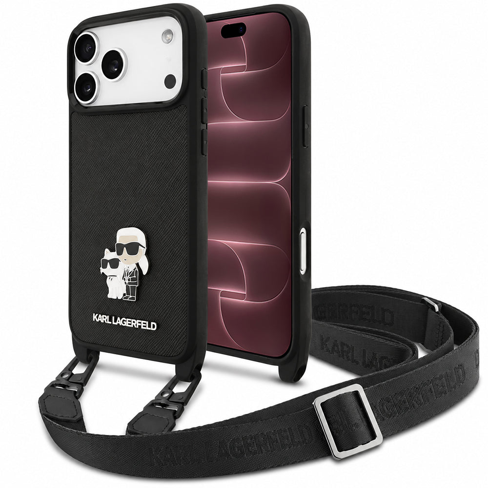 Hülle für Apple iPhone 18 Pro Max / 17 Pro Max, Karl Lagerfeld, Saffiano Crossbody Metal Pin Karl & Choupette, Schwarz