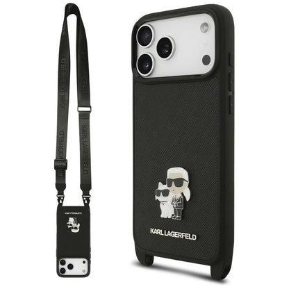 Hülle für Apple iPhone 18 Pro Max / 17 Pro Max, Karl Lagerfeld, Saffiano Crossbody Metal Pin Karl & Choupette, Schwarz