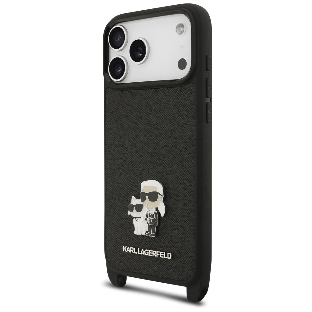 Hülle für Apple iPhone 18 Pro Max / 17 Pro Max, Karl Lagerfeld, Saffiano Crossbody Metal Pin Karl & Choupette, Schwarz