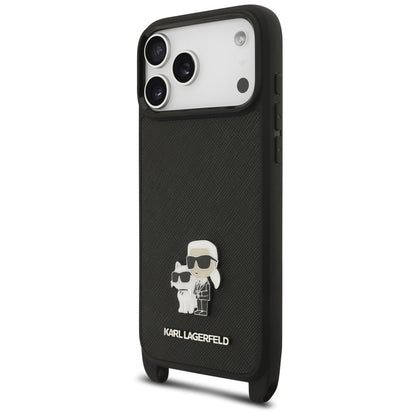 Hülle für Apple iPhone 18 Pro Max / 17 Pro Max, Karl Lagerfeld, Saffiano Crossbody Metal Pin Karl & Choupette, Schwarz