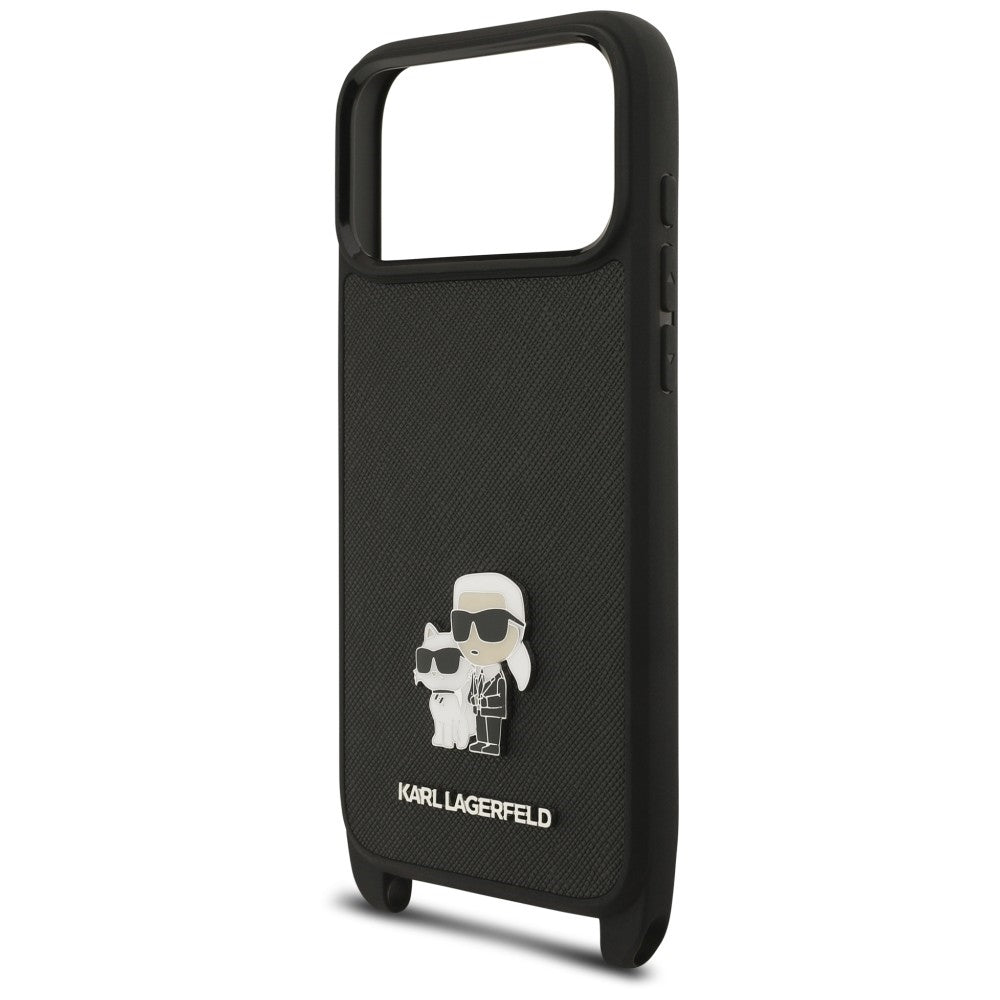 Hülle für Apple iPhone 18 Pro Max / 17 Pro Max, Karl Lagerfeld, Saffiano Crossbody Metal Pin Karl & Choupette, Schwarz