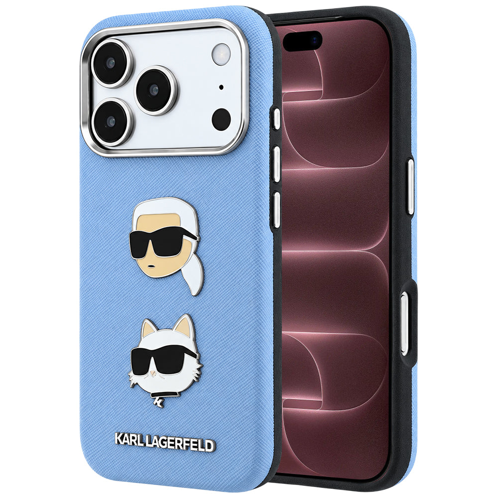 Hülle für Apple iPhone 18 Pro Max / 17 Pro Max, Karl Lagerfeld, Saffiano mit Karl & Choupette Kopf-Pin und Logo, Blau