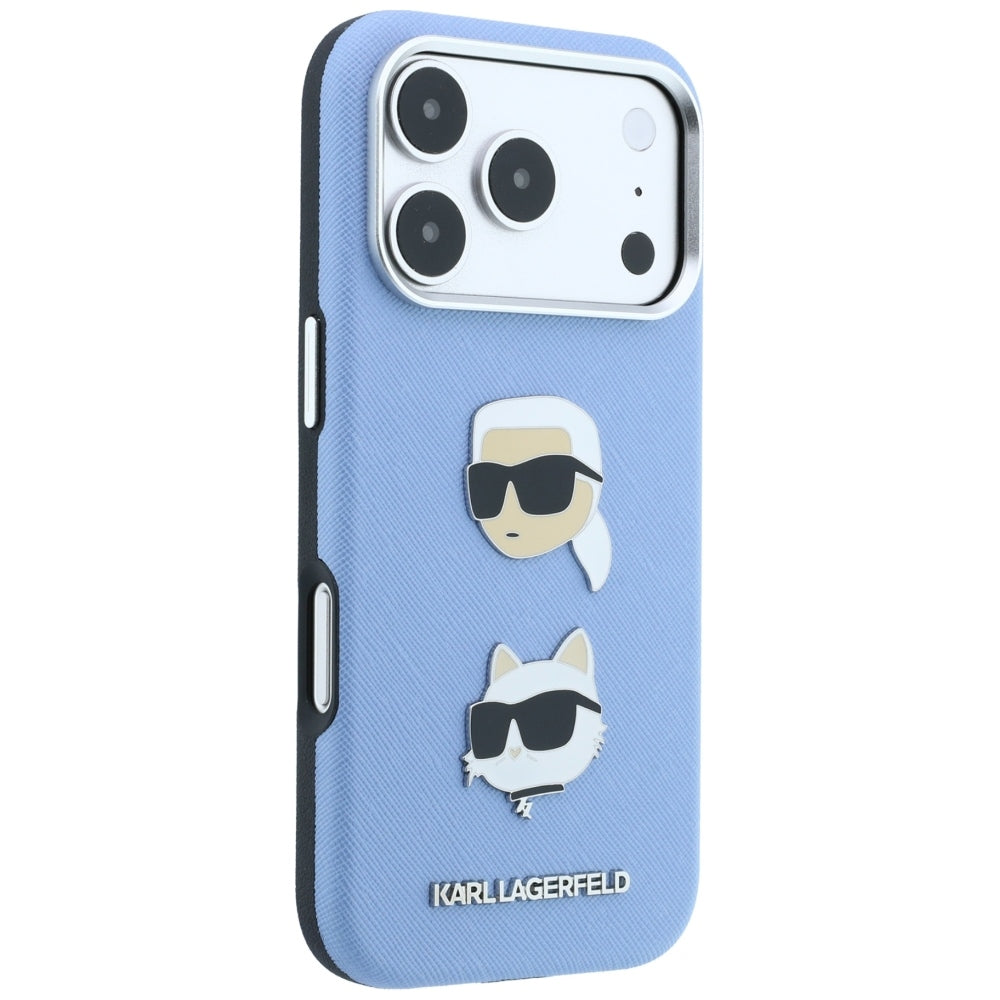 Hülle für Apple iPhone 18 Pro Max / 17 Pro Max, Karl Lagerfeld, Saffiano mit Karl & Choupette Kopf-Pin und Logo, Blau