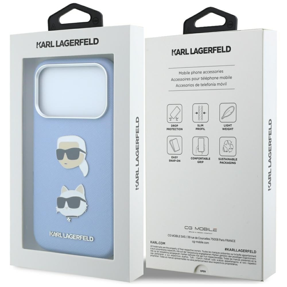Hülle für Apple iPhone 18 Pro Max / 17 Pro Max, Karl Lagerfeld, Saffiano mit Karl & Choupette Kopf-Pin und Logo, Blau