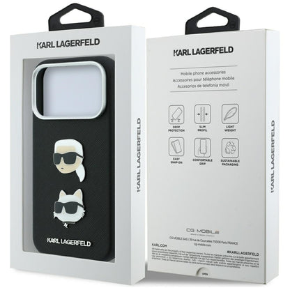 Case for Apple iPhone 18 Pro Max / 17 Pro Max, Karl Lagerfeld, Saffiano with Karl & Choupette Head's Pin and Logo, Black
