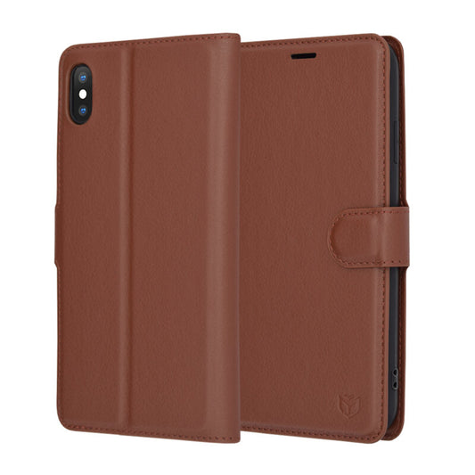 Hülle für Apple iPhone XS Max, Techsuit, Leder-Folio, Braun