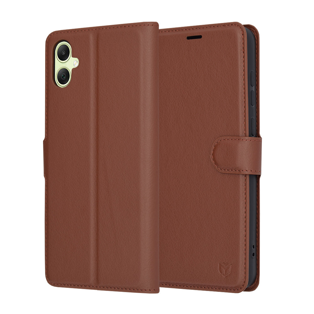 Hülle für Samsung Galaxy A05 A055, Techsuit, Leder-Folio, Braun