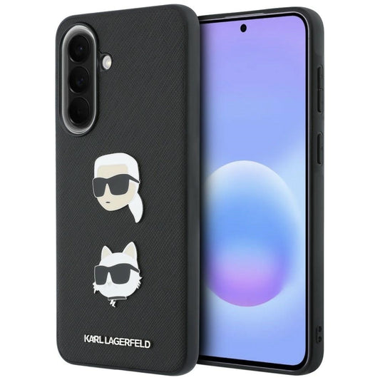Hülle für Samsung Galaxy A37 5G, Karl Lagerfeld, Grained Karl & Choupette's Heads Pins und Logo, Schwarz