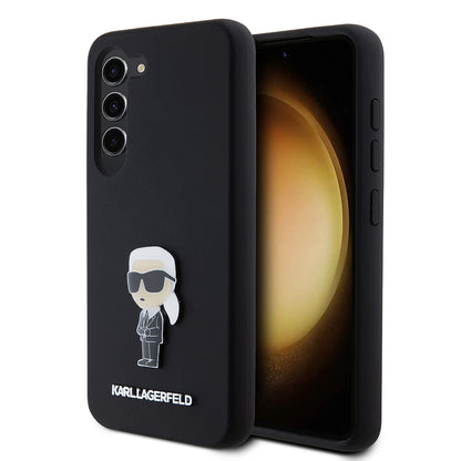 Hülle für Samsung Galaxy S23 S911, Karl Lagerfeld, Silicone Ikonik Karl Metal, Schwarz