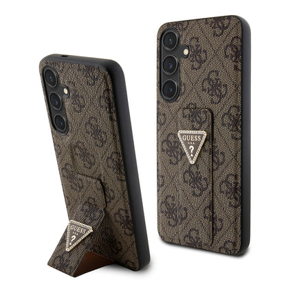 Hülle für Samsung Galaxy S24 S921, Guess, Grip Stand 4G Triangle Strass, Braun