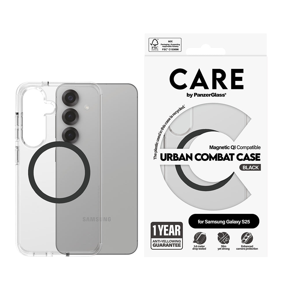Hülle für Samsung Galaxy S25 S931, PanzerGlass, Care Urban Combat, Schwarz Transparent