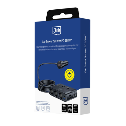 Auto-Ladegerät 3MK Power Splitter, 120W, 3A, 3 x USB-A - 1 x USB-C - 3 x Zigarettenanzünder-Verlängerung, Schwarz