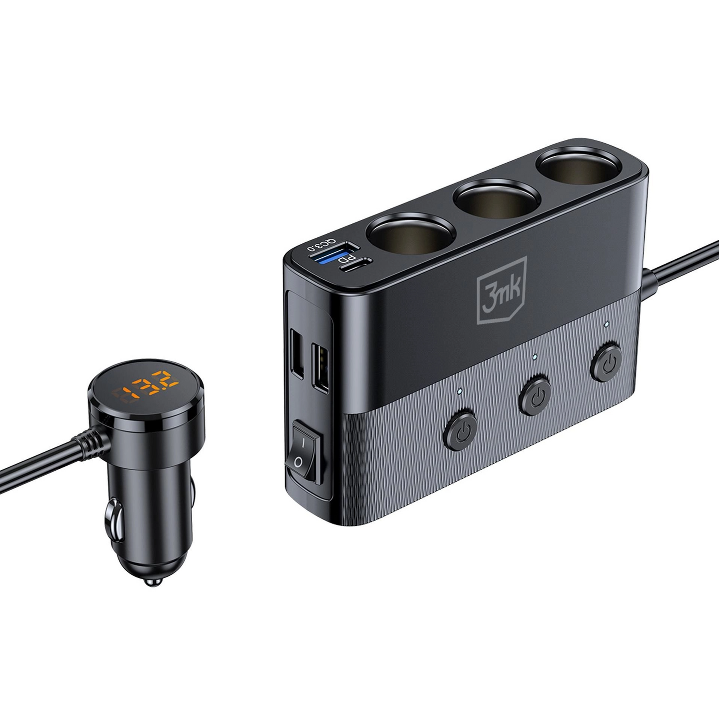 Auto-Ladegerät 3MK Power Splitter, 120W, 3A, 3 x USB-A - 1 x USB-C - 3 x Zigarettenanzünder-Verlängerung, Schwarz
