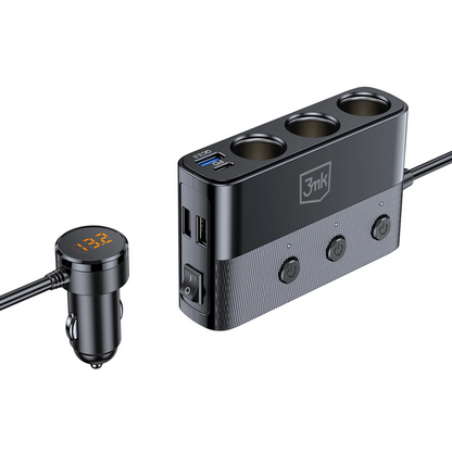 Auto-Ladegerät 3MK Power Splitter, 120W, 3A, 3 x USB-A - 1 x USB-C - 3 x Zigarettenanzünder-Verlängerung, Schwarz