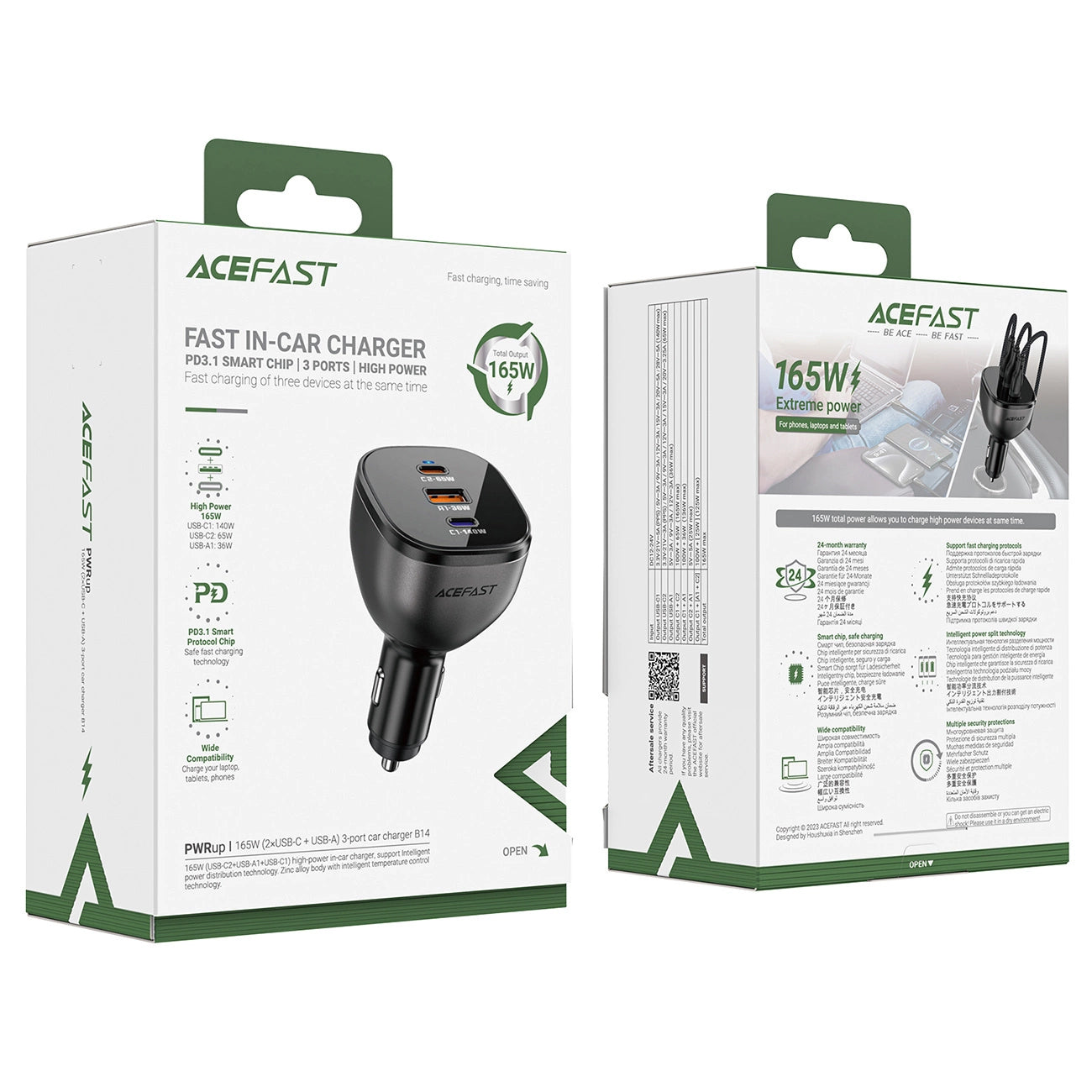 Auto-Ladegerät Acefast B14, 165W, 5A, 1 x USB-A - 2 x USB-C, Schwarz