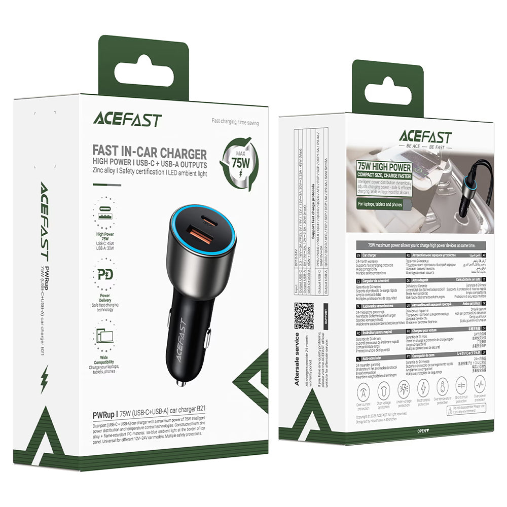Acefast Auto-Ladegerät B21, 75W, 3A, 1 x USB-A - 1 x USB-C, Grau