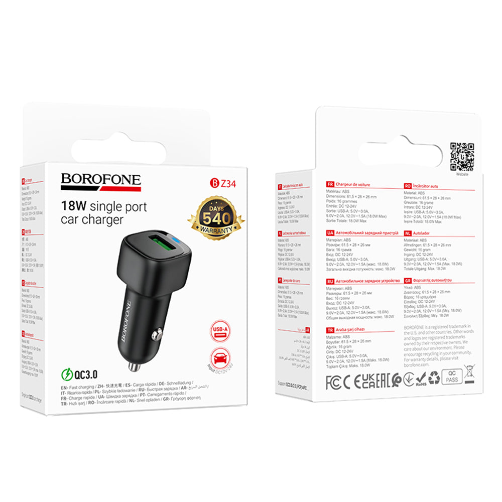 Borofone BZ34 Cloud Car Charger, 18W, 3A, 1 x USB-A, Black