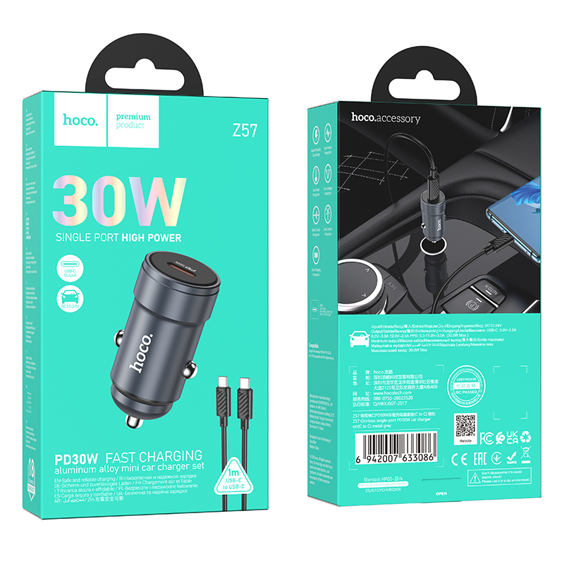Auto-Ladegerät mit USB-C-Kabel HOCO Z57, 30W, 3A, 1 x USB-C, Grau