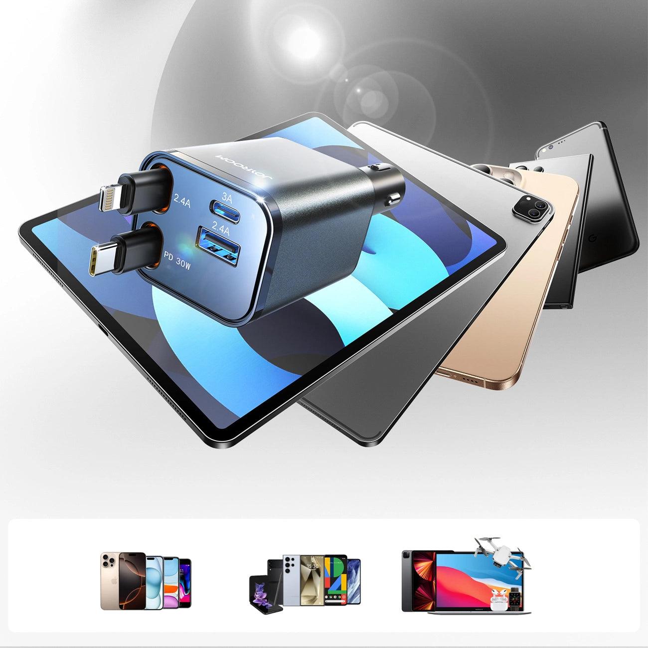 Auto-Ladegerät mit USB-C / Lightning-Kabel Joyroom JR-CCL05, 30W, 3A, 1 x USB-A - 1 x USB-C, Grau