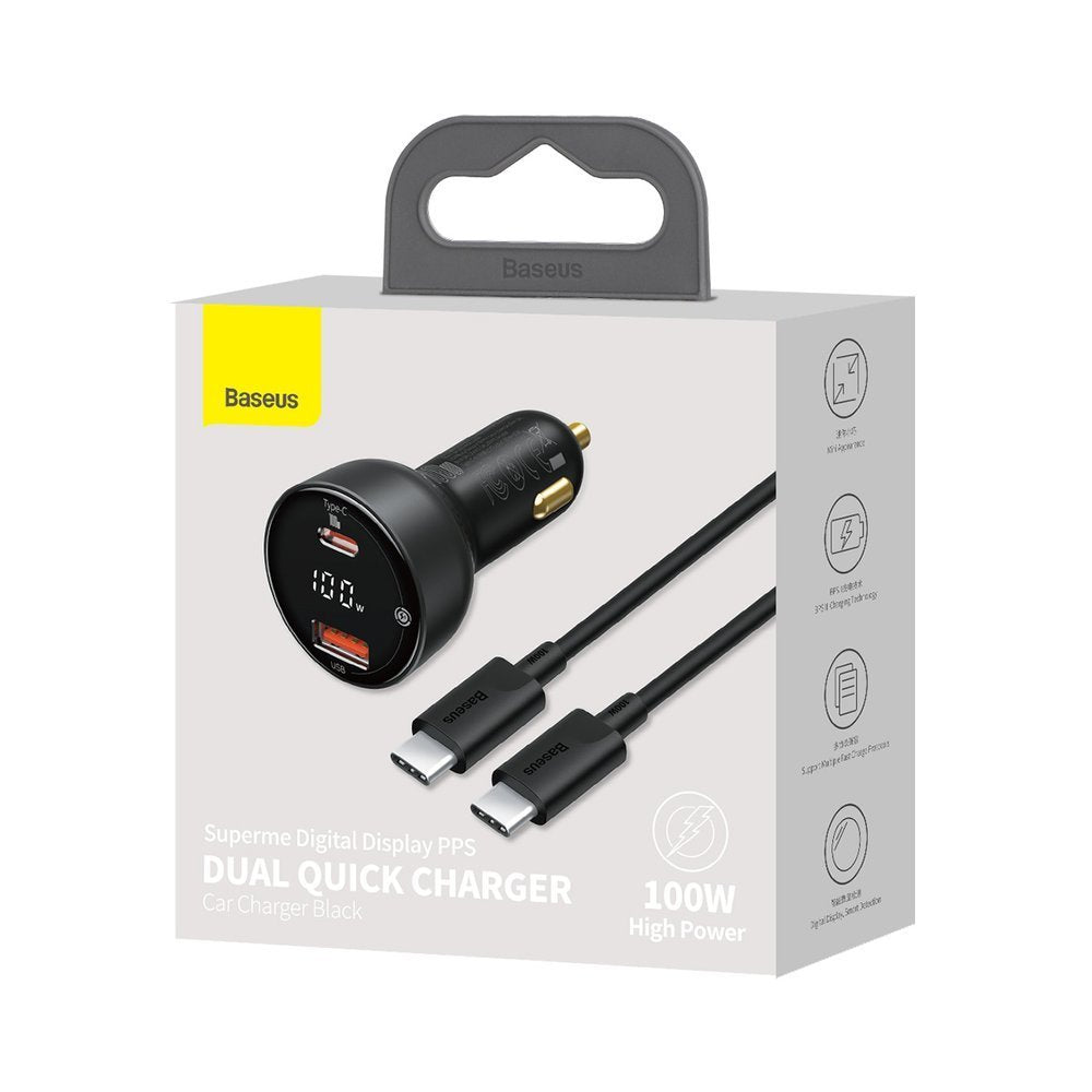 Auto-Ladegerät mit USB-C Kabel Baseus Superme, 100W, 5A, 1 x USB-A - 1 x USB-C, Schwarz TZCCZX-01