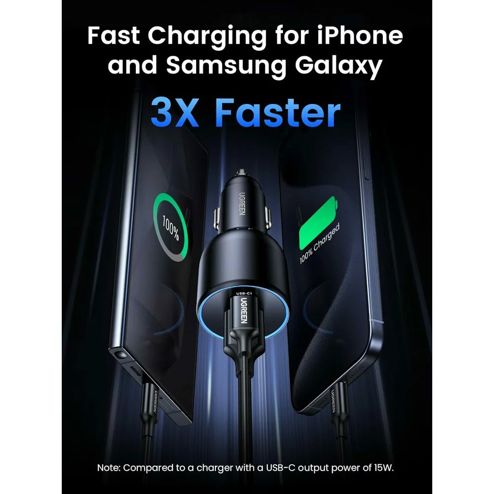 Autoladegerät mit USB-C-Kabel UGREEN CD293, 130W, 5A, 1 x USB-A - 2 x USB-C, Schwarz 