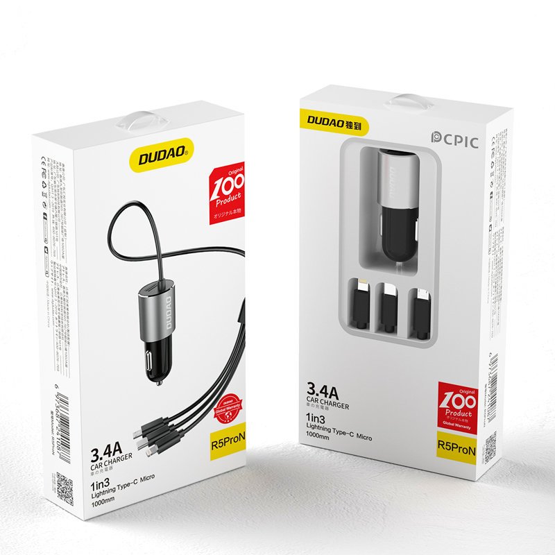 Auto-Ladegerät mit Lightning / microUSB / USB-C Kabel Dudao R5ProN, 17W, 3,4A, 1 x USB-A, Schwarz