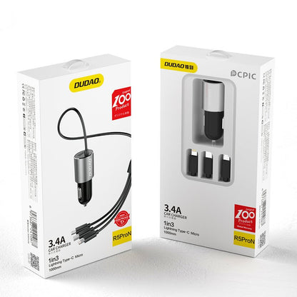 Auto-Ladegerät mit Lightning / microUSB / USB-C Kabel Dudao R5ProN, 17W, 3,4A, 1 x USB-A, Schwarz