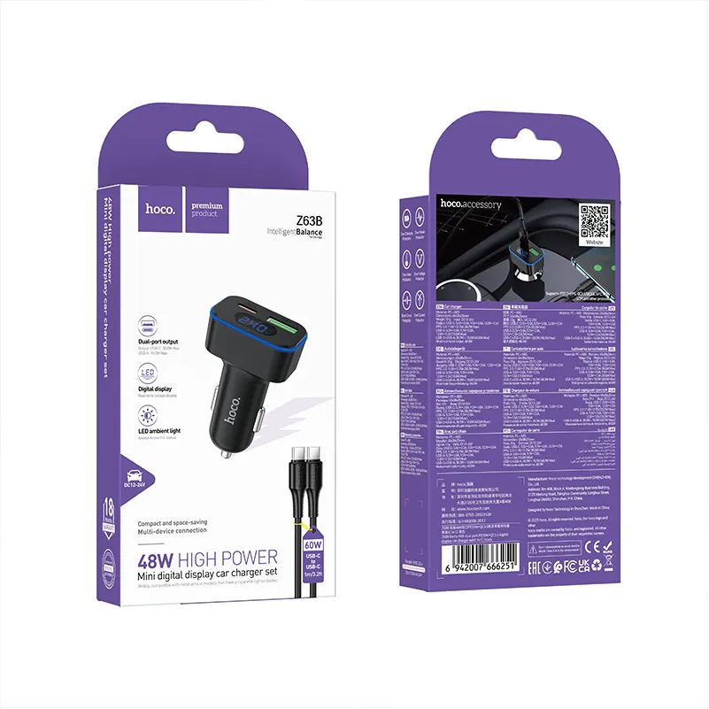 Auto-Ladegerät mit USB-C Kabel HOCO Z63B Display, 48W, 3A, 1 x USB-A - 1 x USB-C, Schwarz