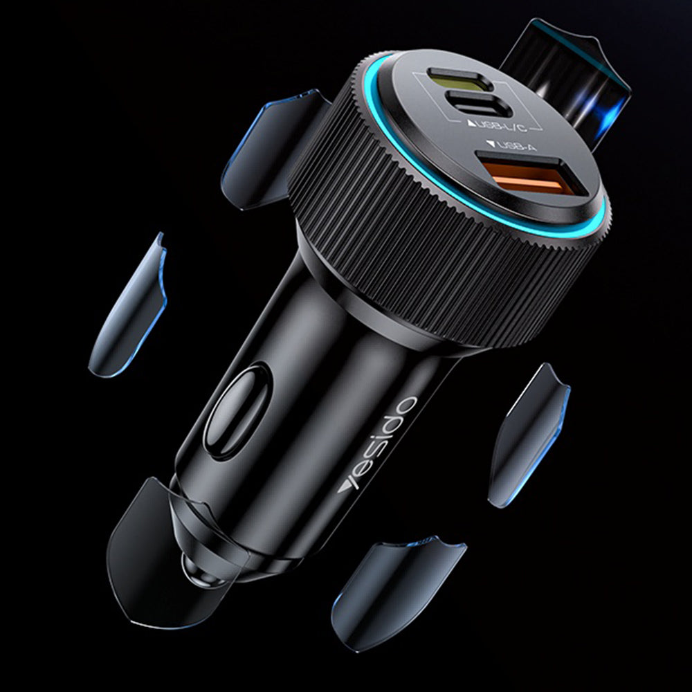Car Charger with Lightning Cable Yesido Y60, 38W, 3A, 1 x USB-A - 2 x USB-C, Black