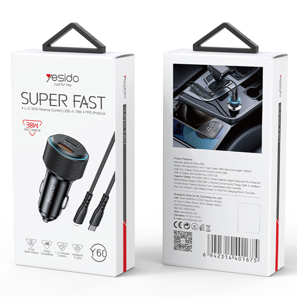 Car Charger with Lightning Cable Yesido Y60, 38W, 3A, 1 x USB-A - 2 x USB-C, Black