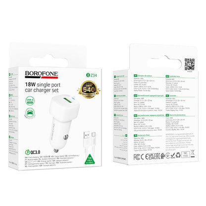 Car Charger with USB-C Cable Borofone BZ34 Cloud, 18W, 3A, 1 x USB-A, White
