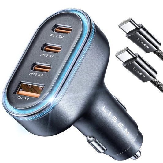 Auto-Ladegerät mit USB-C Kabel Lisen, 101W, 3.25A, 1 x USB-A - 3 x USB-C, Schwarz YL0223120021