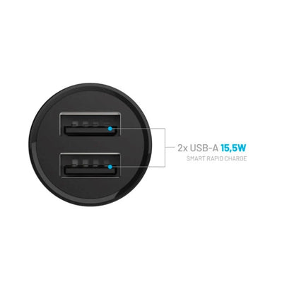 Fixed Auto Charger, 15.5W, 3A, 2 x USB-A, Black