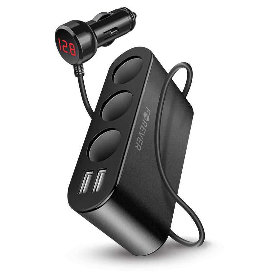 Forever MultiPort Autoladegerät, 12W, 2.4A, 2 x USB-A - 3 x Zigarettenanzünderverlängerung, Schwarz 