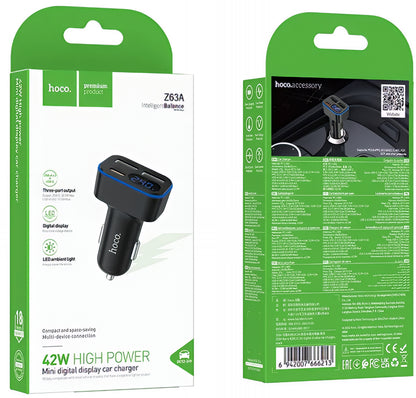 Auto-Ladegerät HOCO Z63A Display, 42W, 3A, 1 x USB-C - 2 x USB-A, Schwarz