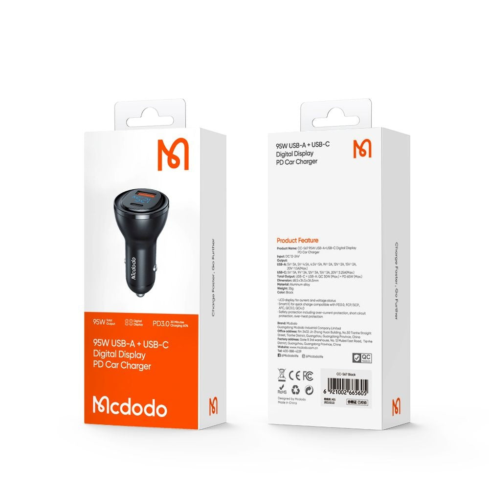 McDodo CC-5670 Auto Charger Display, 95W, 5A, 1 x USB-A - 1 x USB-C, Black