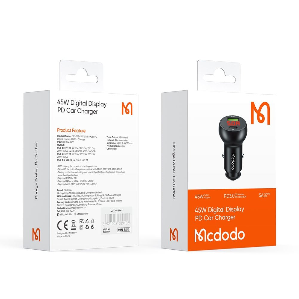 Auto-Ladegerät McDodo CC-7030 Display, 45W, 5A, 1 x USB-A - 1 x USB-C, Schwarz