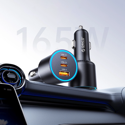 Orico HyperDrive Auto-Ladegerät, 165W, 5A, 1 x USB-A - 2 x USB-C, Schwarz