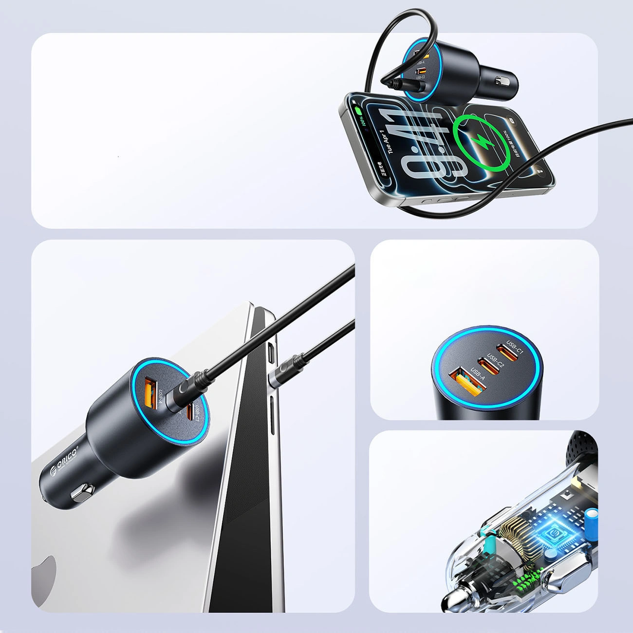 Orico HyperDrive Auto-Ladegerät, 165W, 5A, 1 x USB-A - 2 x USB-C, Schwarz