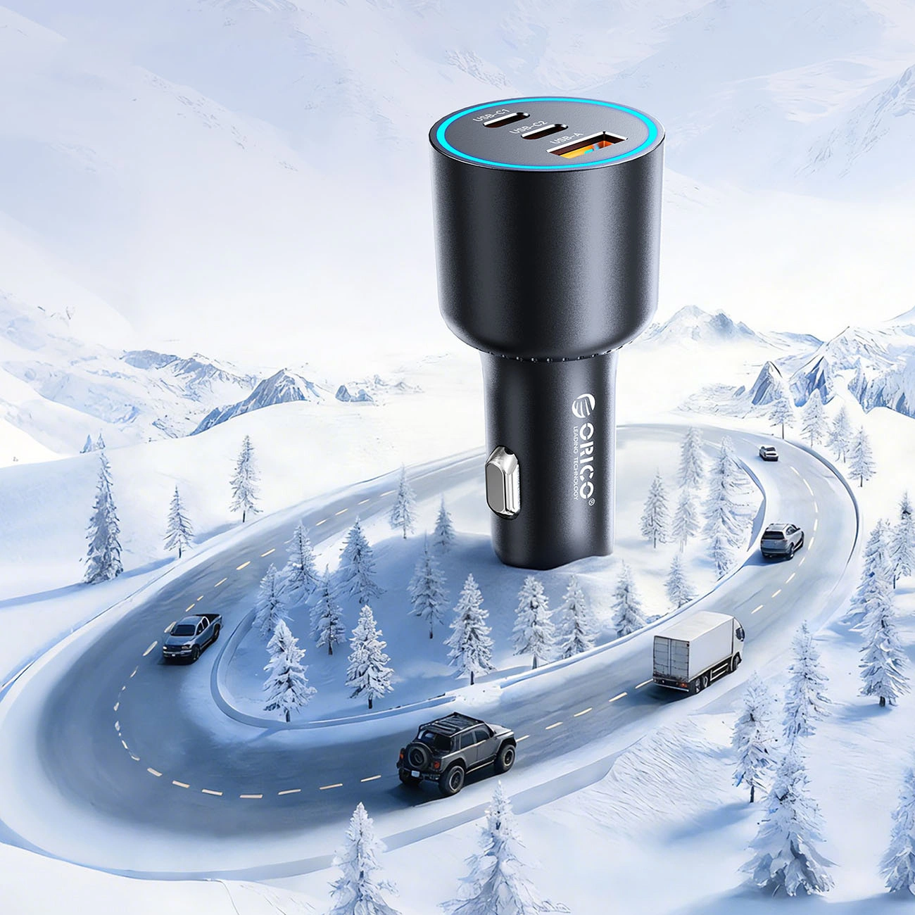 Orico HyperDrive Auto-Ladegerät, 165W, 5A, 1 x USB-A - 2 x USB-C, Schwarz