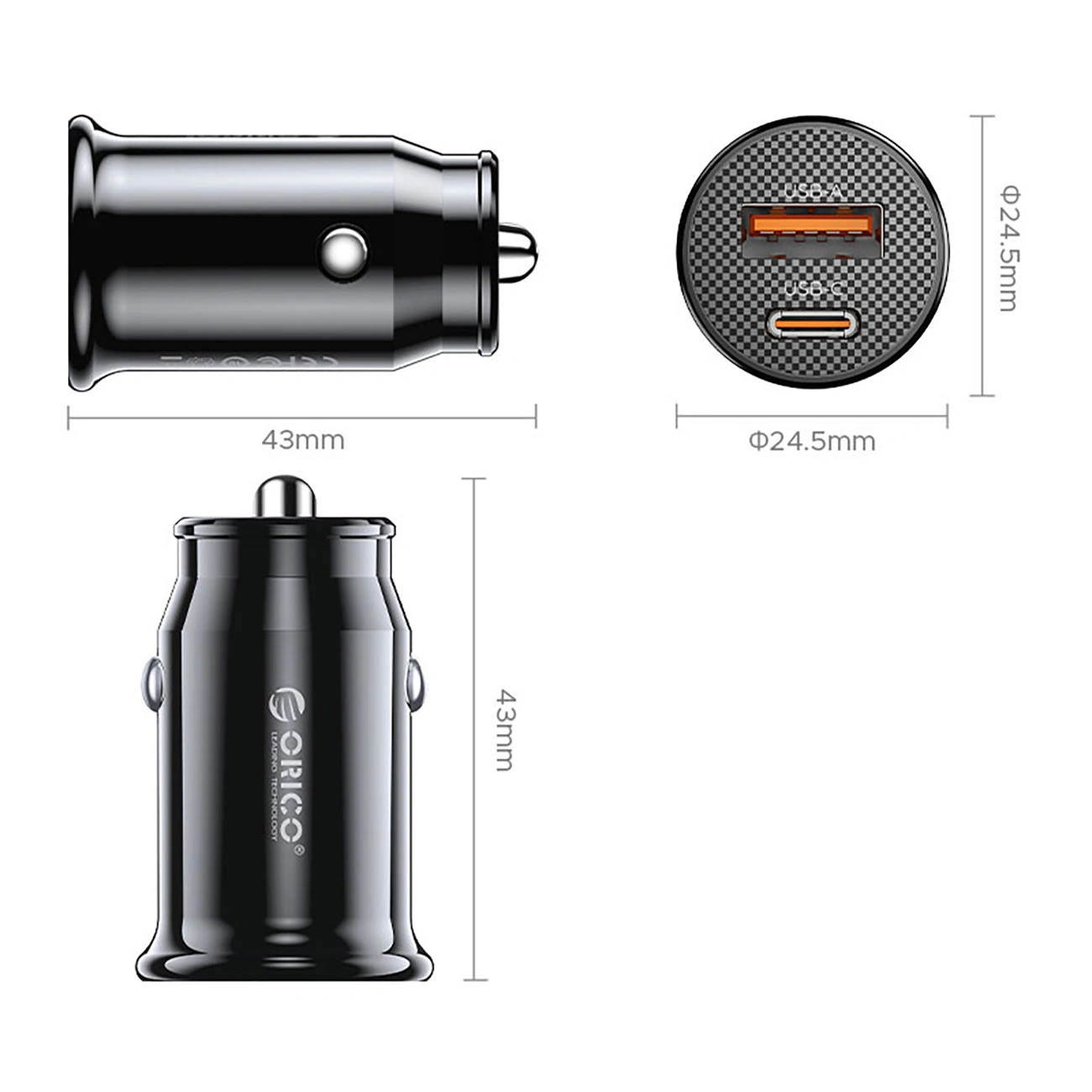 Orico PowerMini Auto-Ladegerät, 30W, 3A, 1 x USB-A - 1 x USB-C, Schwarz